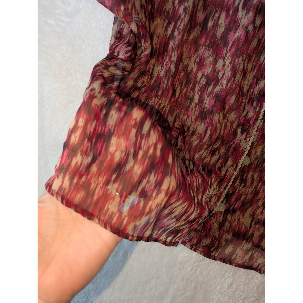 Converse One Star Women Medium Burgundy Abstract Ikat Sheer Chiffon Blouse Top - Picture 2 of 8